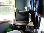 My messy television area. It serves as the perch of Shaymin and Shinx, a Wii hub, and a bookshelf.
