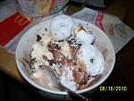 Vanilla and chocolate ice cream topped with powdered mini-doughnuts and s'more-flavored Hershey's Shell