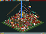 This is a decently optimized Micro Park (with an area of 18,260 sq. ft.). There are three layers of rides here, including two roller coasters. Rides had to be stacked by raising the land as necessary, and stalls were especially annoying, necessitating removal of footpaths temporarily. Park value is $10,287.30, park rating is 886, instantaneous guest count is 701, and instantaneous money (less loan) is $879.