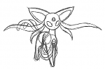 Mega Espeon X
You may have seen a similar-looking mega espeon out there on the web somewhere. If you think you did, that's probably because you did. I can't seem to track down the original source, but it's better than mine. Google it. It's worth seeing.

Anyway, this is my take on it. I wanted the--I'll call it a sash--to be connected to a jewel, but the wrists didn't make sense to me. The heart seemed more fitting. The tail has been completely bifurcated. If you look closely at the forehead jewel, you'll notice a crescent on the bottom. It's a reference to the "diamond ring effect" present during total solar eclipses.